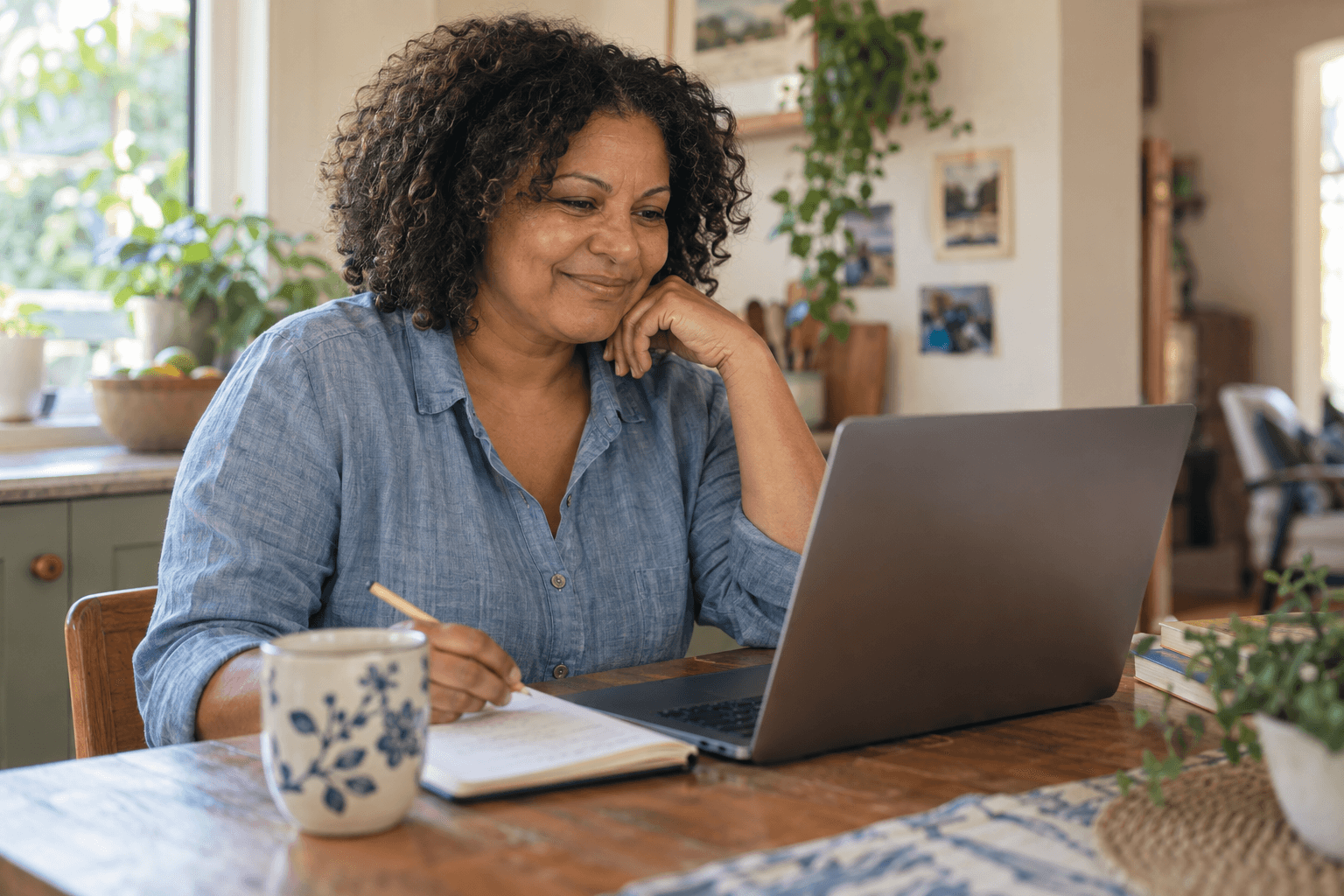 AI-generated illustration of a woman learning comfortably at home with a laptop and notebook.