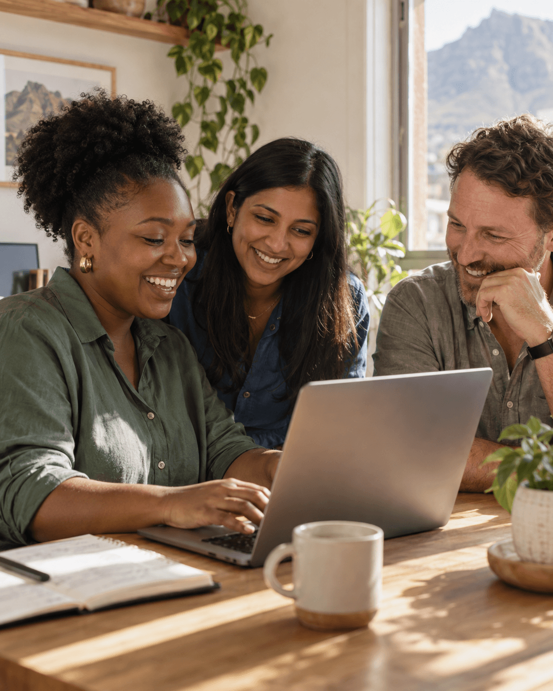 AI-generated illustration of three colleagues sharing a moment of discovery around a laptop.